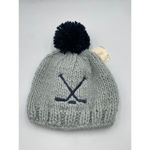 Huggalugs Hockey Beanie Baby Ice Gray Indigo Pom Pom Embroidered Cozy Hat NWT